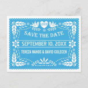 Papel picado love birds blue wedding Save the Date Announcement Postcard