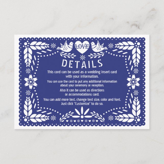 Papel picado love birds dark blue wedding details enclosure card (Front)