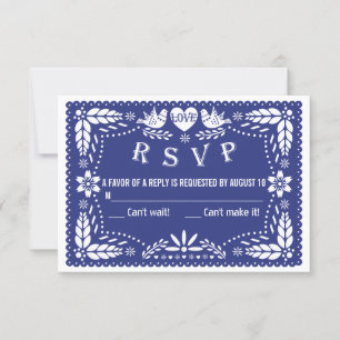 Papel picado love birds dark blue wedding RSVP Card