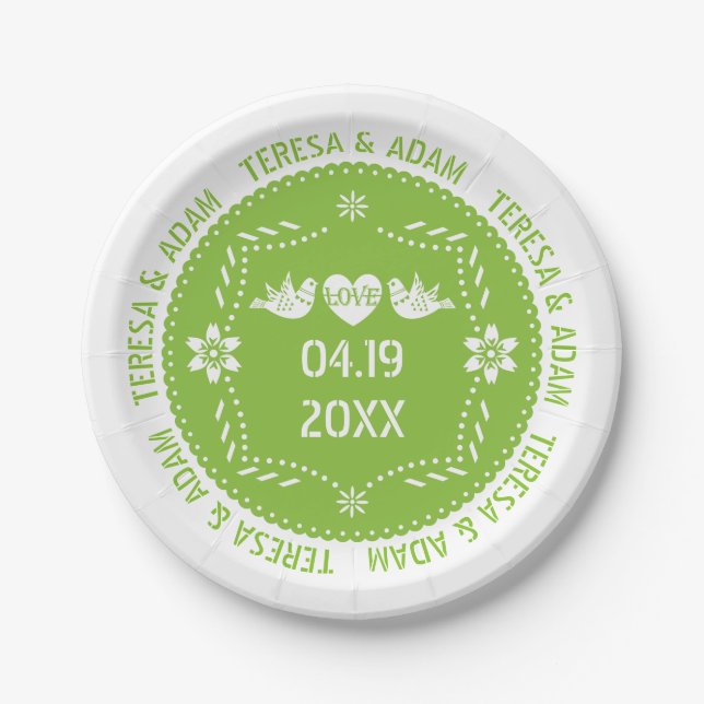 Papel picado love birds green Mexican wedding Paper Plate (Front)