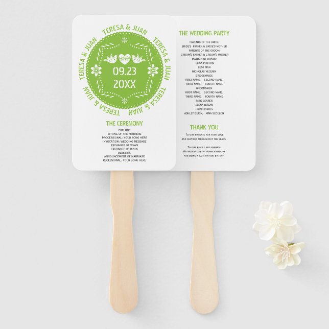 Papel picado love birds green wedding program hand fan (Front and Back)