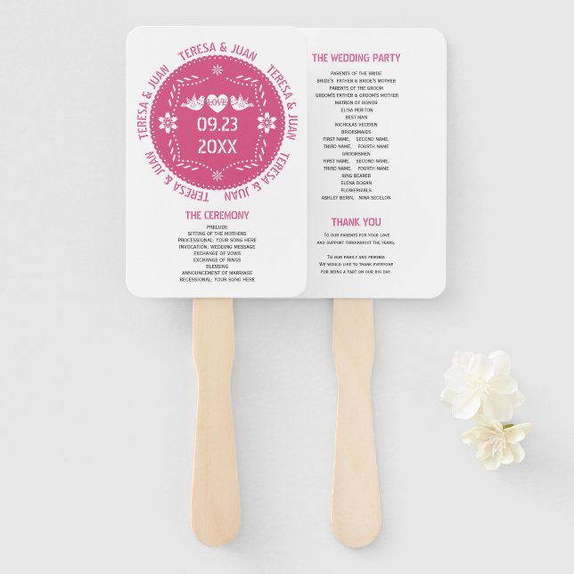 Papel picado love birds hot pink wedding program hand fan (Front and Back)
