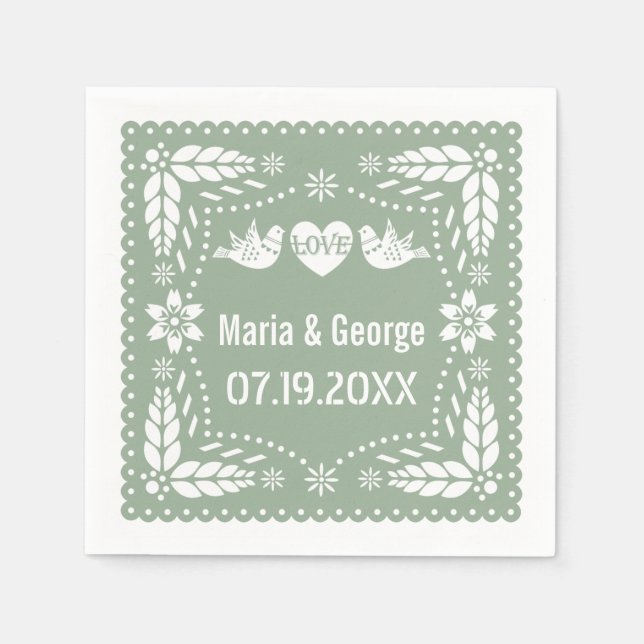 Papel picado love birds sage green wedding fiesta napkin (Front)