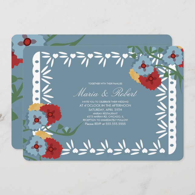 Papel Picado Mexican Botanical Florals Fiesta Invitation (Front/Back)
