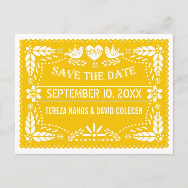 Papel picado modern yellow wedding Save the Date Announcement Postcard (Front)