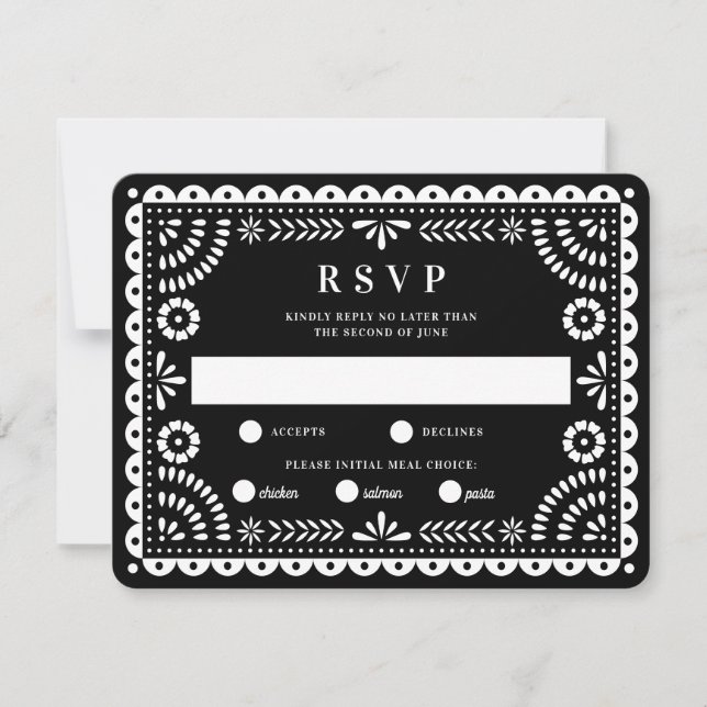 Papel Picado noir | Carte RSVP de réponse Mariage (Devant)
