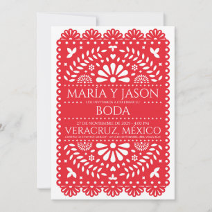 Papel Picado Red Folk Art Boda Spanish Wedding Invitation