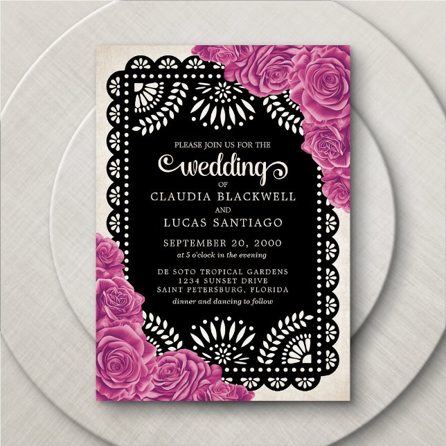 Papel Picado Roses Pink Black Wedding Invitation (Creator Uploaded)