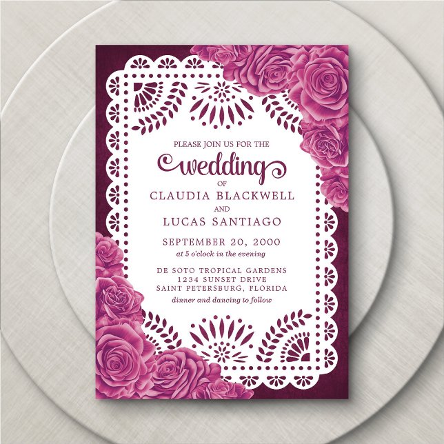 Papel Picado Roses Pink Burgundy Wedding Invitation (Creator Uploaded)