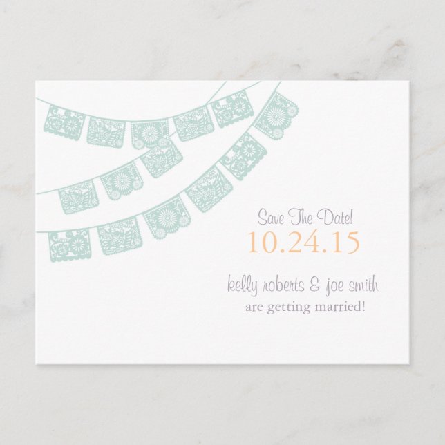 Papel Picado Save the Date Mint green Announcement Postcard (Front)
