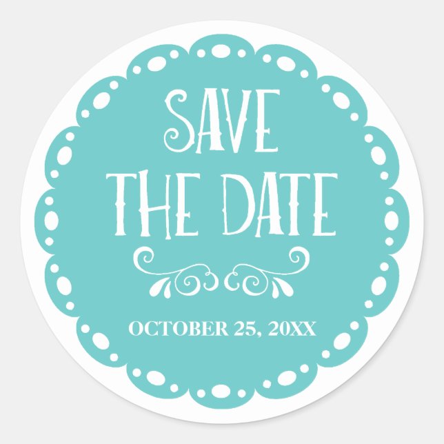 Papel Picado Save the Date Sky Blue Fiesta Wedding Classic Round Sticker (Front)
