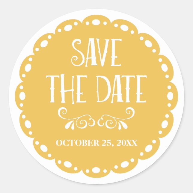 Papel Picado Save the Date Yellow Fiesta Wedding Classic Round Sticker (Front)