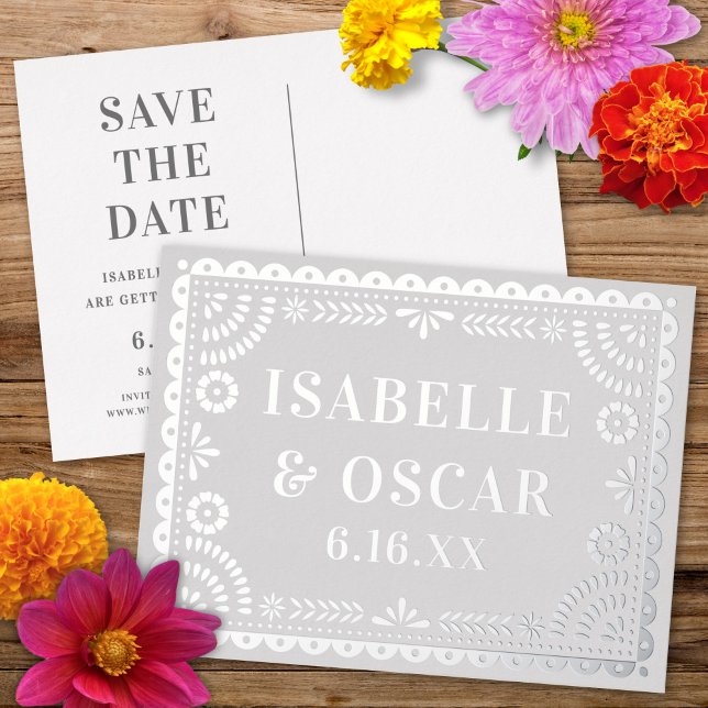 Papel Picado Silver Wedding Save The Date Card (Creator Uploaded)