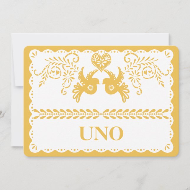 Papel Picado Table Number Gold Fiesta Dove Heart (Front)