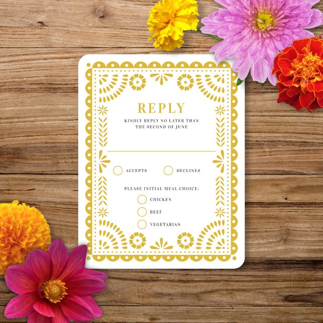 Papel Picado Warm Yellow | Wedding Reply RSVP Card (Creator Uploaded)