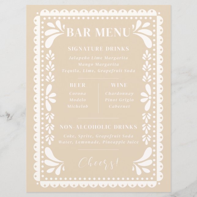 Papel Picado Wedding Bar Menu Modern Mexican Theme (Front)