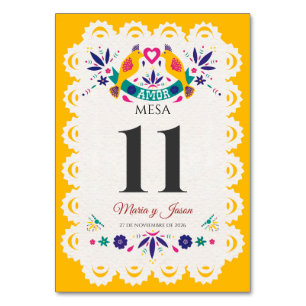 Papel Picado Yellow Nuestra Boda Spanish Wedding Table Number