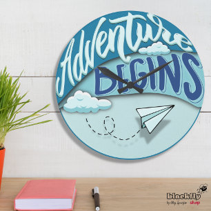 Paper airplane   Adventure begins Large Clock