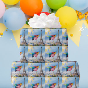 Paper Airplane Flying in Paris,Colourful,Watercolo