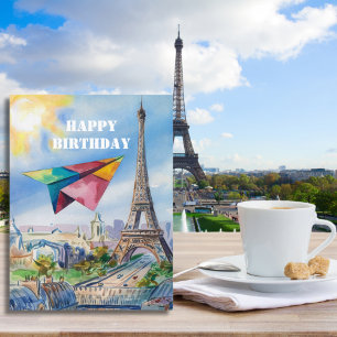 Paper Airplane Flying in Paris,Colourful,Watercolo Postcard