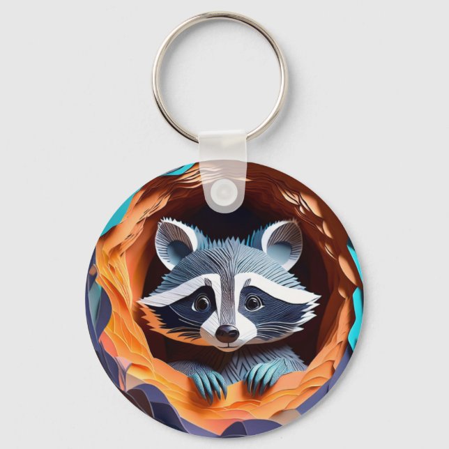Paper Art Baby Raccoon In Tree 3D Keychain (Front)