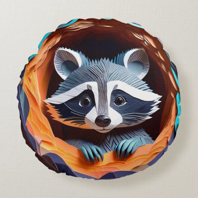Paper Art Baby Raccoon In Tree 3D Round Pillow (Front)
