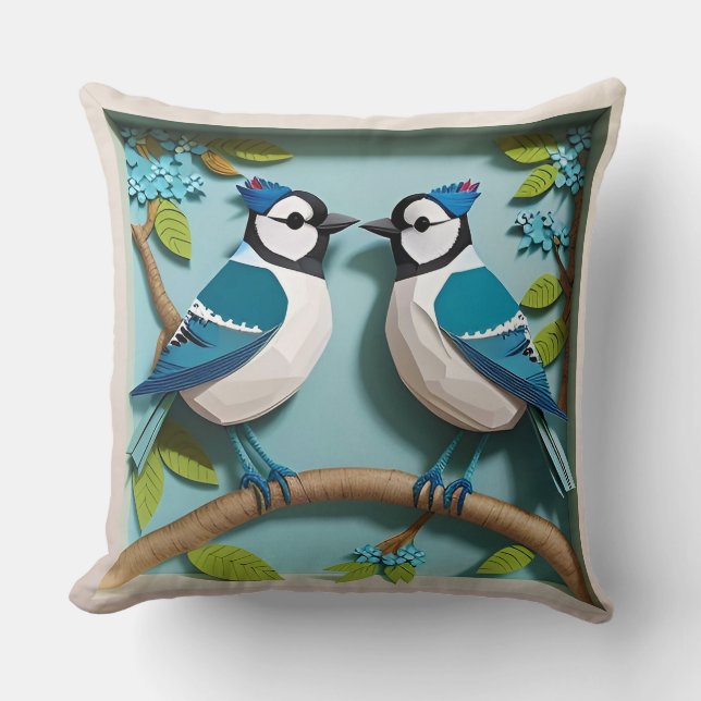 🕊️ Paper Art Blue Jay Bird Lover Gift 🌸 Throw Pillow (Front)