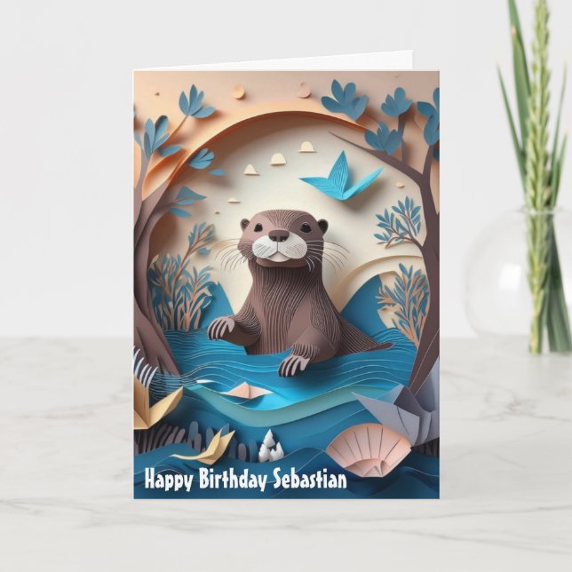 Paper Art Cute Otter Happy Birthday Card (Front)