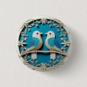 Paper Art of Two Birds with Floral Motifs 1 Inch Round Button