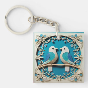 Paper Art of Two Birds with Floral Motifs Keychain