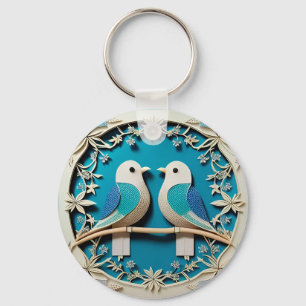 Paper Art of Two Birds with Floral Motifs Keychain