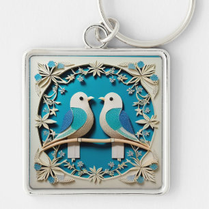 Paper Art of Two Birds with Floral Motifs Keychain