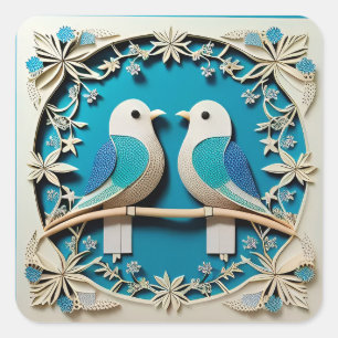 Paper Art of Two Birds with Floral Motifs Square Sticker