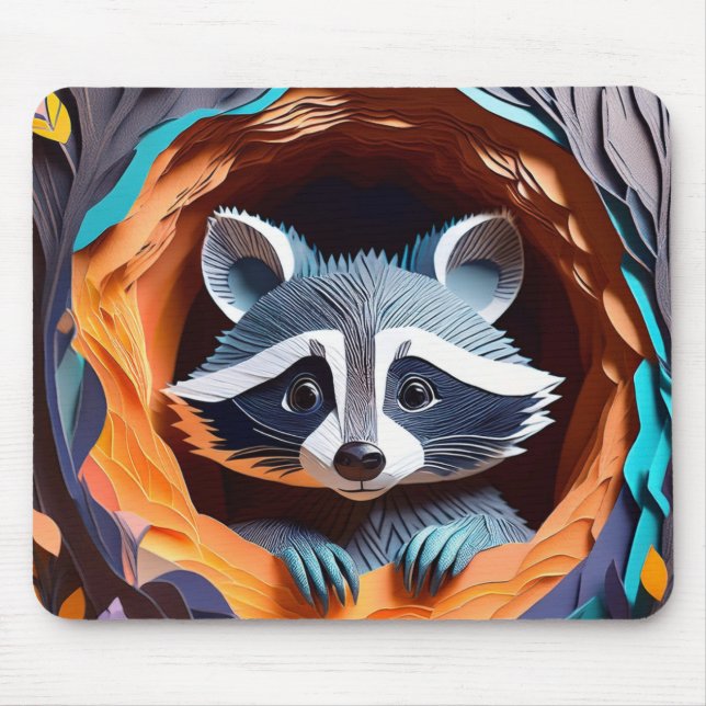 Paper Art Origami Baby Raccoon In Tree 3D Mouse Pad (Front)