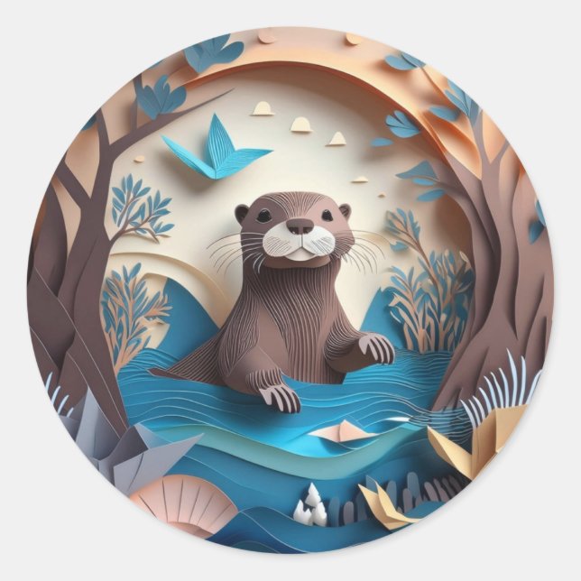 Paper Art Origami Otter in Water 3D Classic Round Sticker (Front)