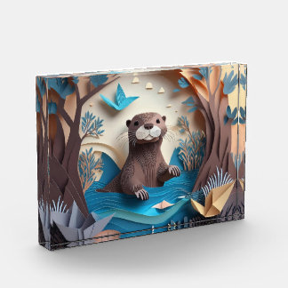 Paper Art Origami Otter in Water 3D Photo Block
