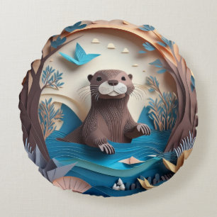 Paper Art Origami Otter in Water 3D Round Pillow