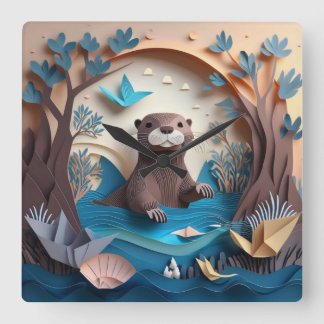 Paper Art Origami Otter in Water 3D Square Wall Clock