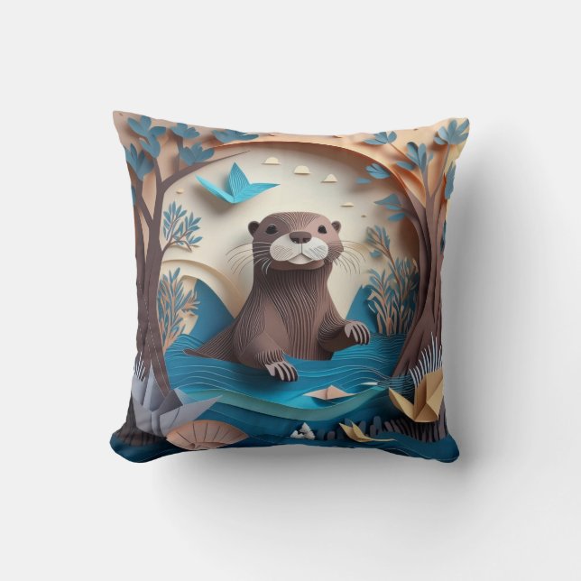 Paper Art Origami Otter in Water 3D Throw Pillow (Front)