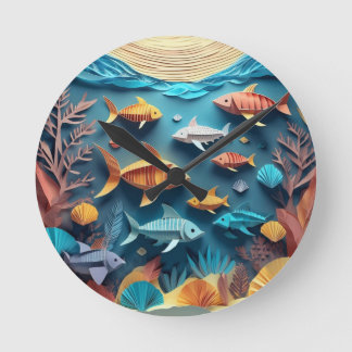 Paper Art Origami Sea Life Scene 3D Round Clock