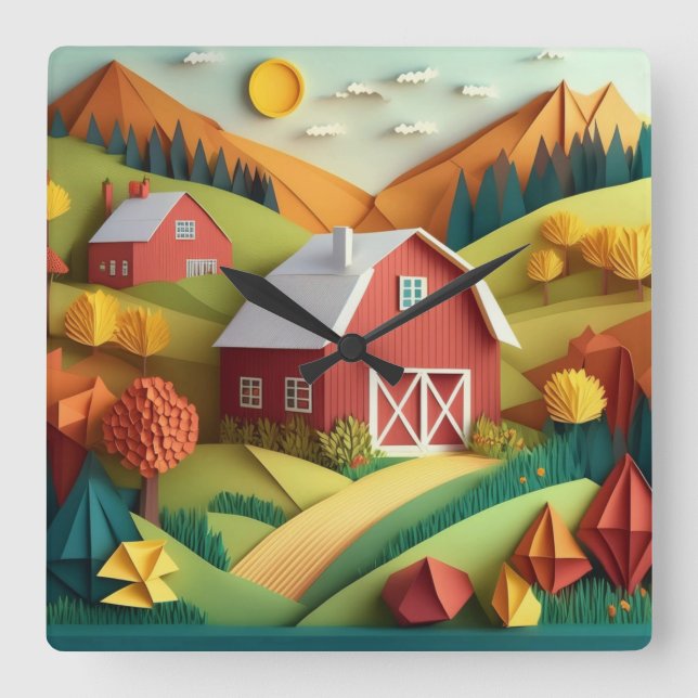 Paper Art Origami Style Farmhouse Scene Square Wall Clock (Front)