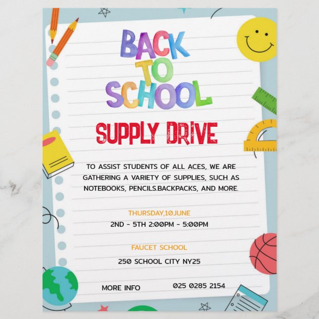 Paper Back to School Supply Drive Fundraiser Flyer (Front)