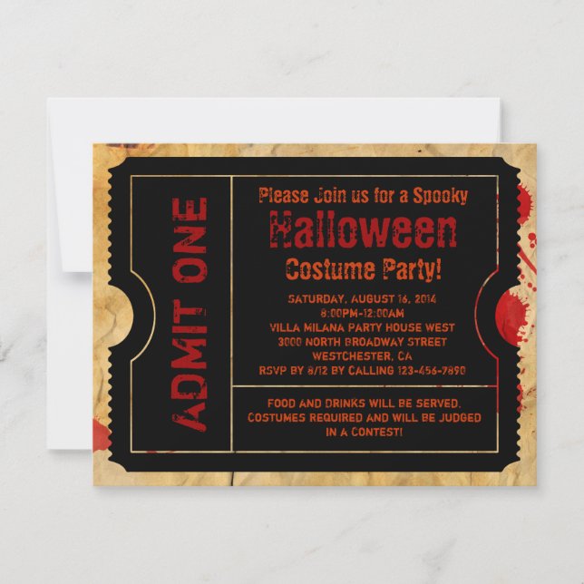 Paper Blood Splatter Halloween Ticket Invitation (Front)