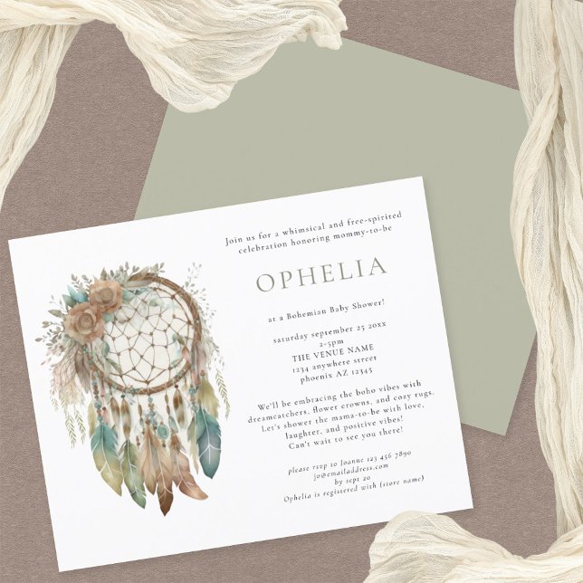 PAPER Boho Dreamcatcher Sage Bohemian Baby Shower (Front and back view)