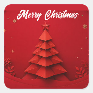 Paper Christmas Tree Red Background Square Sticker