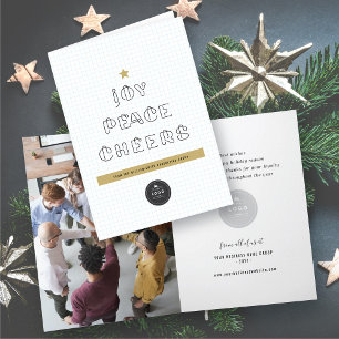 Paper Clips Joy Peace Cheers Blue Grids Corporate Holiday Card