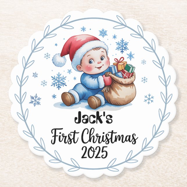 Paper Coaster--Personalized Baby’s First Christmas Coaster (Front)
