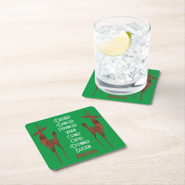 Paper Coaster-  Santa's Reindeer -Rudolph Red Nose Square Paper Coaster (Insitu)