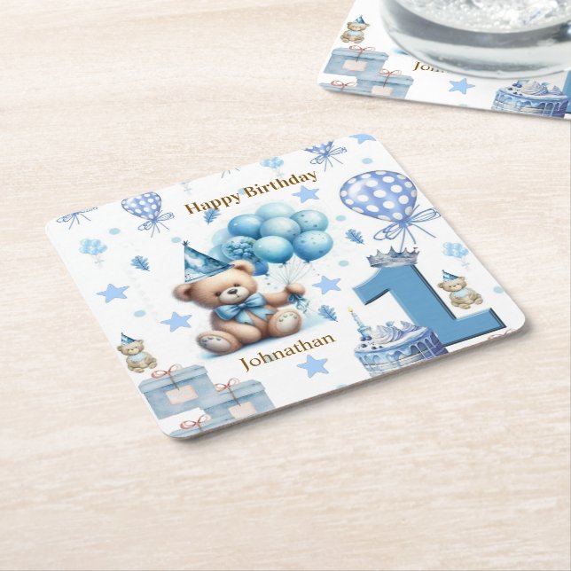 Paper Coasters Happy 1st. Birthday Teddy Bear Blue (Angled)