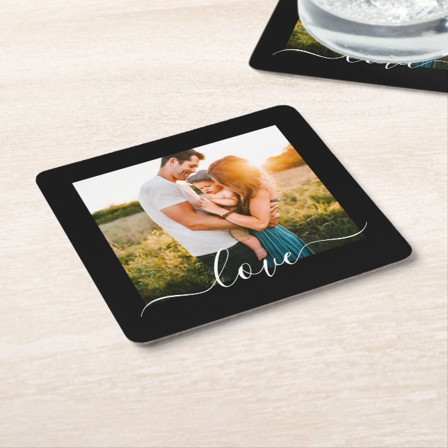 Paper Coasters Wedding Love Text Photo Black (Angled)
